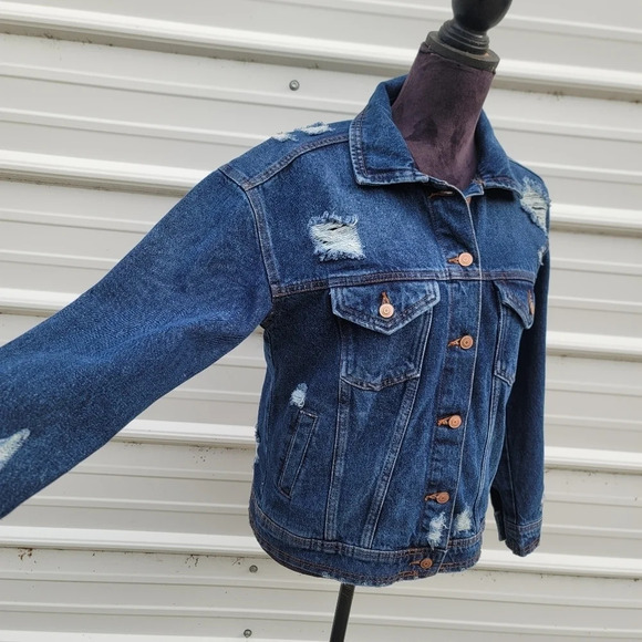 Celebrity Pink Jacket Womens Rose Gold Button Blue Denim Distressed XS - Picture 6 of 11